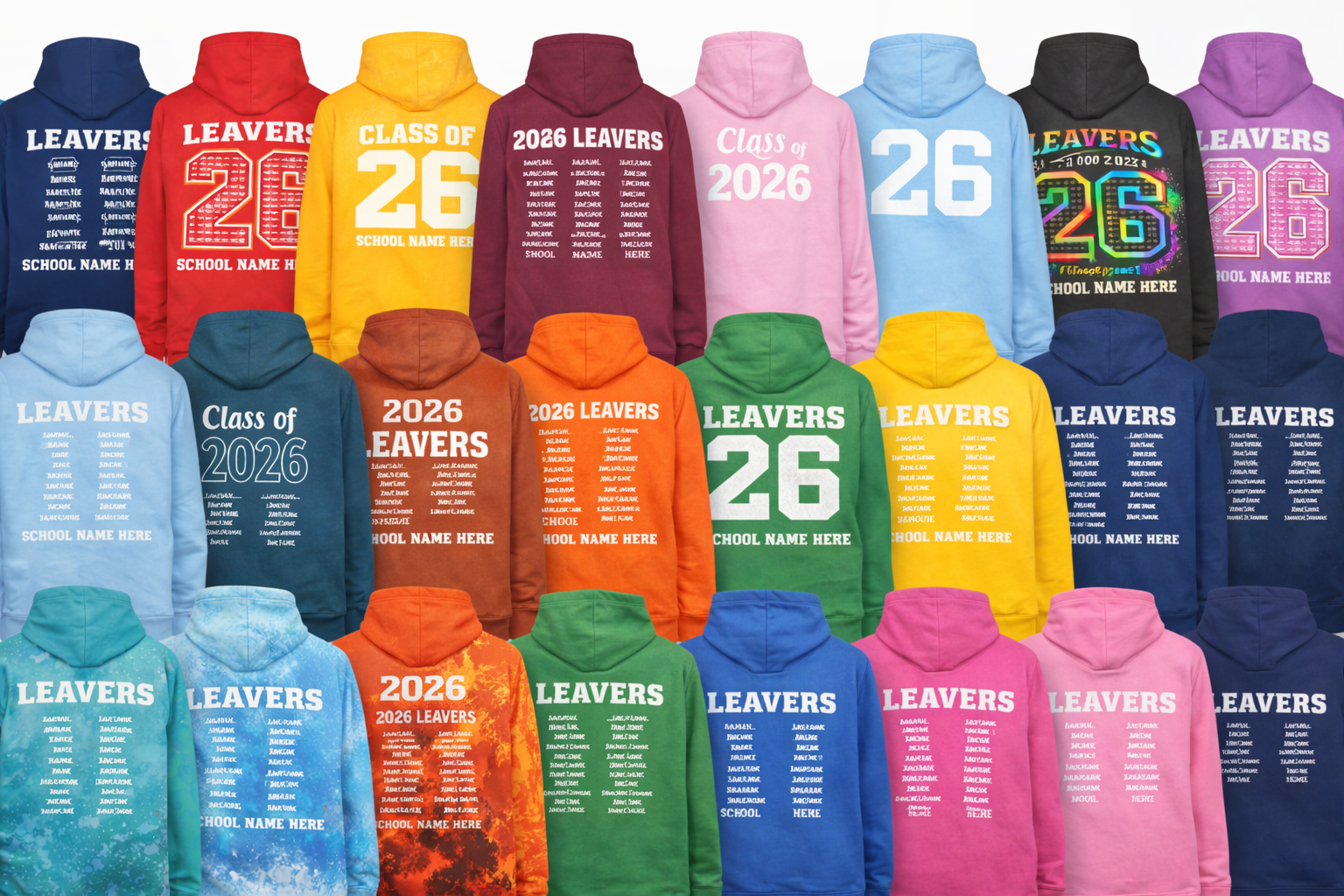 Colorful leavers hoodies with personalized back designs