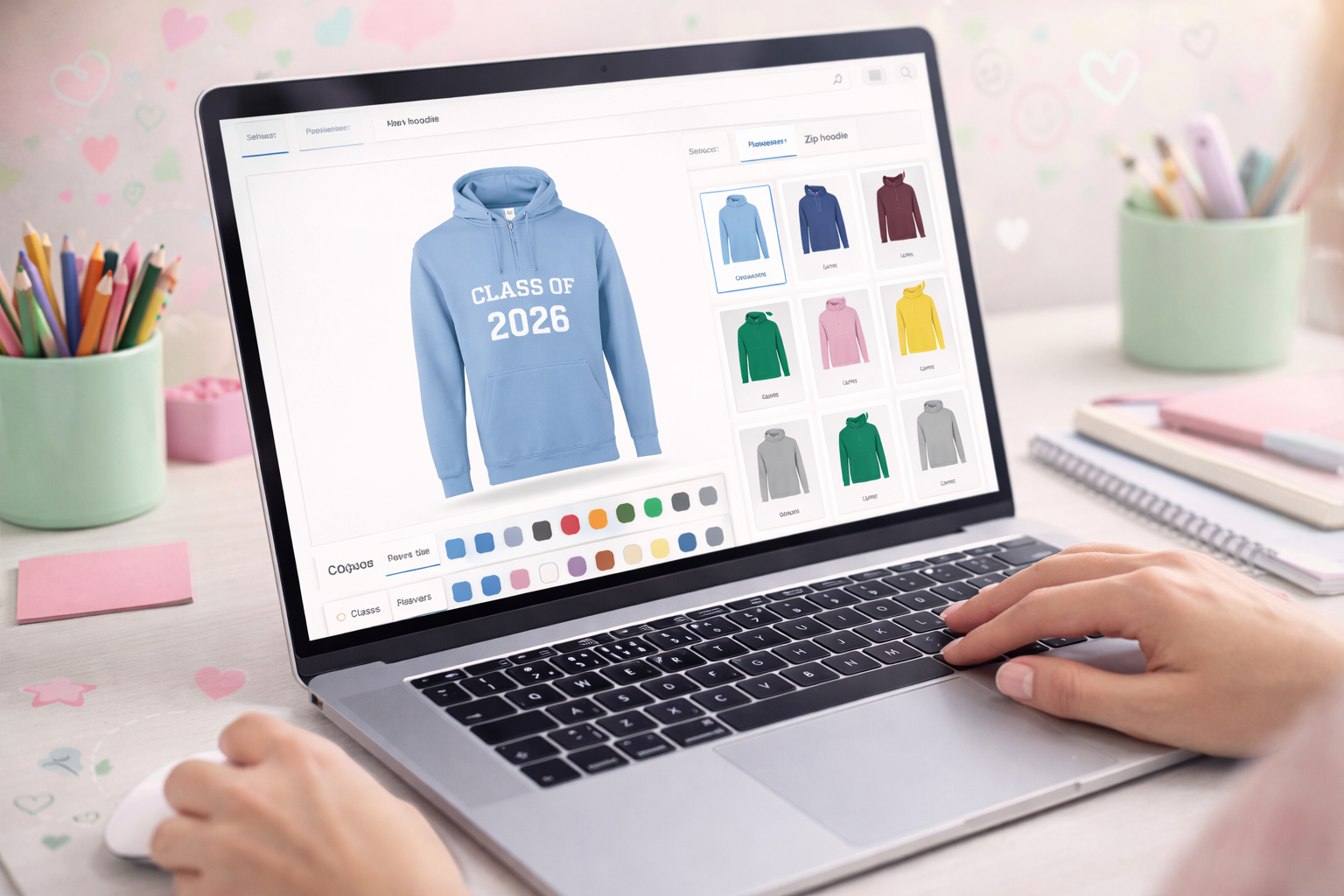 Person customizing hoodies on laptop